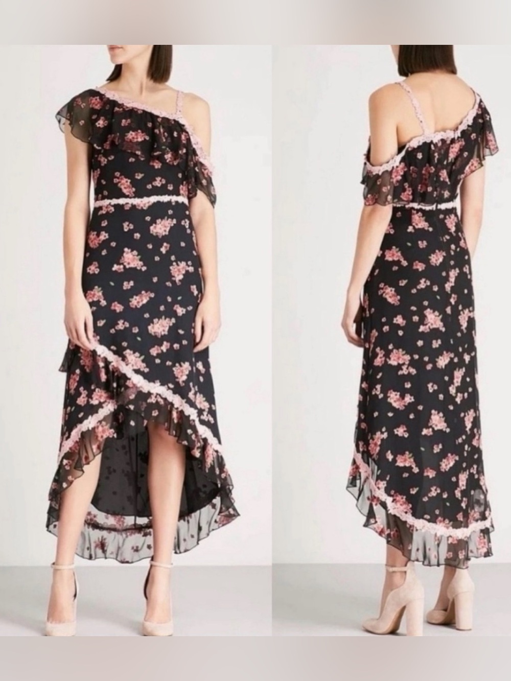 Alice + Olivia Black Floral One-Shoulder Ruffle Midi Dress Size 8 NWT